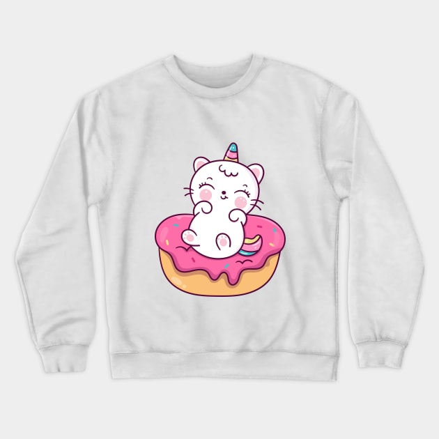 Cute Unicorn cat cartoon Kawaii animal on donut Crewneck Sweatshirt by Vividdiy8